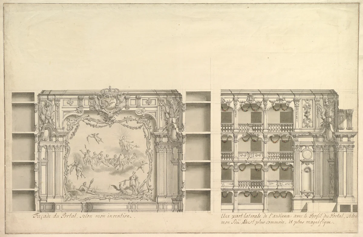Elevation of Proscenium According to New Design and Lateral View of Boxes by Giuseppe Galli Bibiena, drawing, 1745-1755