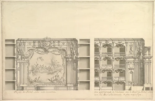 Elevation of Proscenium According to New Design and Lateral View of Boxes by Giuseppe Galli Bibiena, drawing, 1745-1755