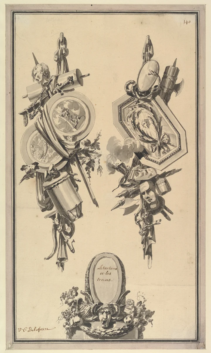 Two Designs for Trophies and a Cartouche by Jean Charles Delafosse, drawing, 1768