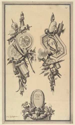 Two Designs for Trophies and a Cartouche by Jean Charles Delafosse, drawing, 1768