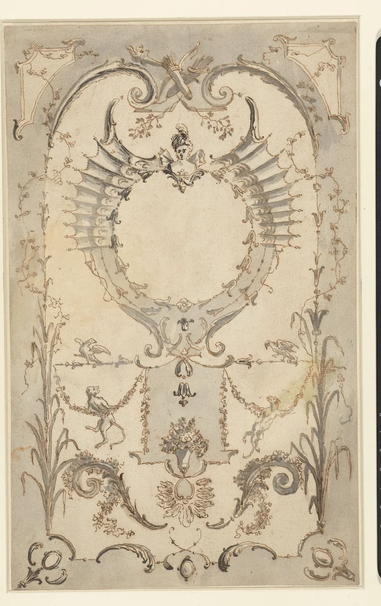 Vegetatief ornament met apen, festoenen, gekruiste pijlkokers en een borstbeeld (Vrije copie naar een prent van Gabriel Huquier naar Watteau) by anonymous, drawing, 1715-1840