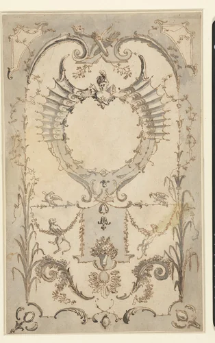 Vegetatief ornament met apen, festoenen, gekruiste pijlkokers en een borstbeeld (Vrije copie naar een prent van Gabriel Huquier naar Watteau) by anonymous, drawing, 1715-1840
