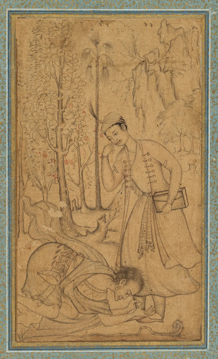 A holy man prostrating himself before a learned prince by Manohar, painting, 1580-1590