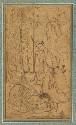 A holy man prostrating himself before a learned prince by Manohar, painting, 1580-1590
