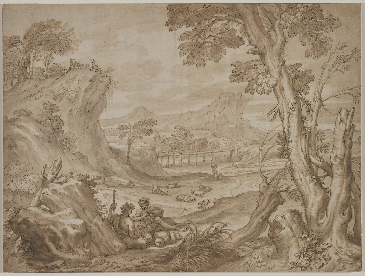 Landscape with Shepherds by Domenico I Piola, drawing, 1695-1703