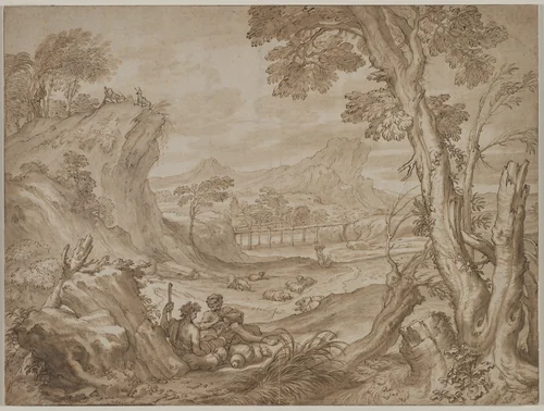 Landscape with Shepherds by Domenico I Piola, drawing, 1695-1703