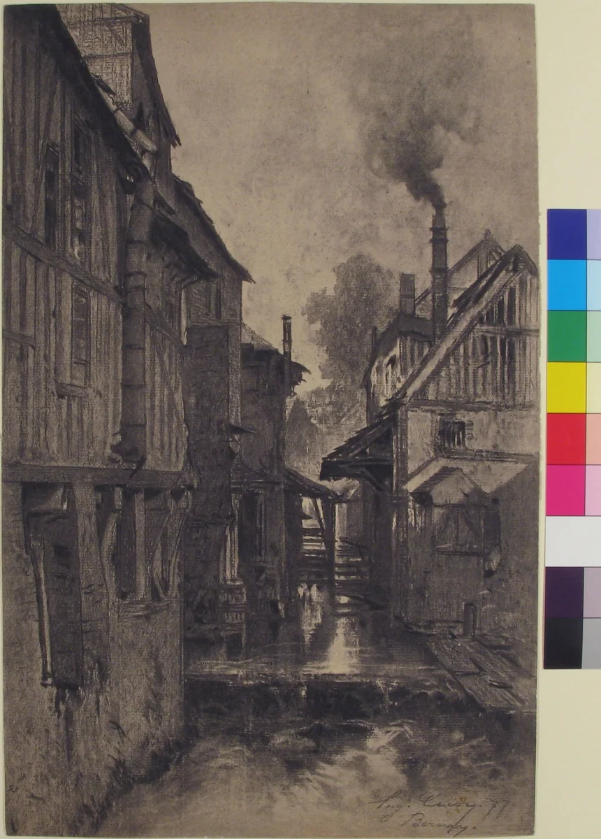 Half-Timbered Houses along a Waterway by Eugène Cicéri, drawing, 1877
