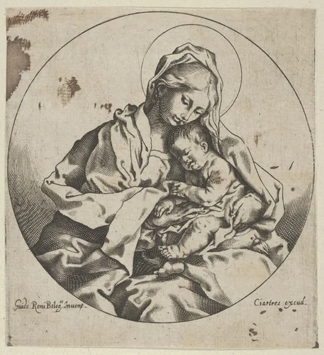 The Virgin holding the infant Christ, a circular composition, after Reni by anonymous, print, 1595-1645