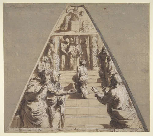 Presentation of the Virgin in the Temple (below), Abraham about to Sacrifice Isaac (above) by Perino del Vaga, drawing, 1520