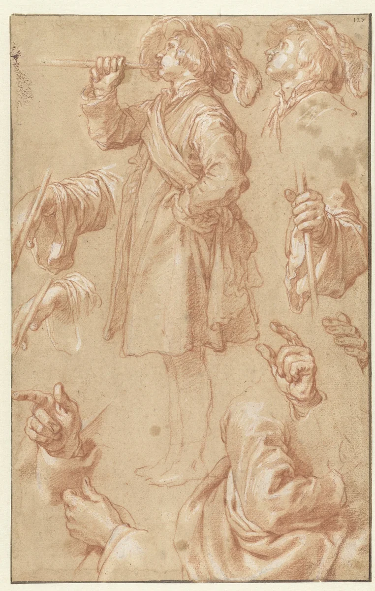 Studies van een staande trompetter en studies van handen en armen by Abraham Bloemaert, drawing, 1624-1626