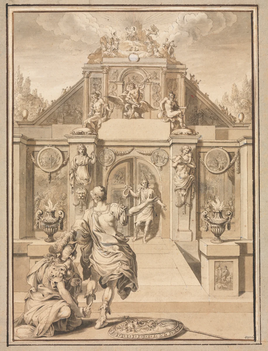 Perseus and Minerva before a Temple by Jan Goeree, drawing, 1670-1731