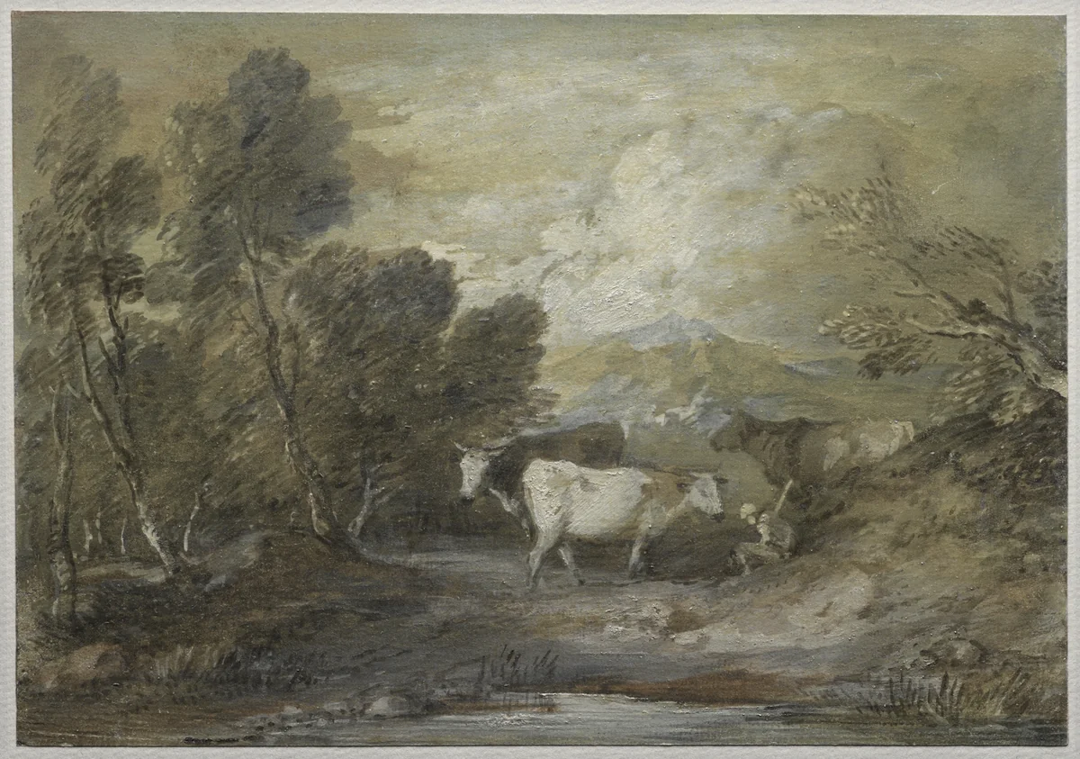 A Herdsman with Three Cows by an Upland Pool by Thomas Gainsborough, drawing, 1780-1789