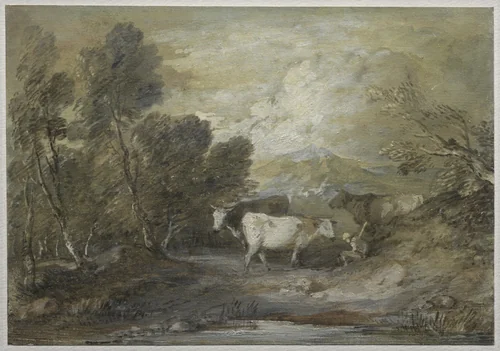 A Herdsman with Three Cows by an Upland Pool by Thomas Gainsborough, drawing, 1780-1789