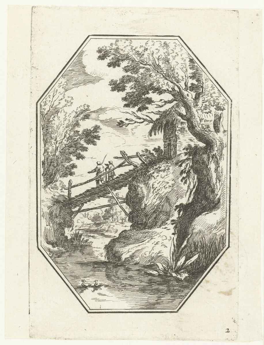 Landschap met houten bruggetje in octagonaal kader by anonymous, print, 1582-1700