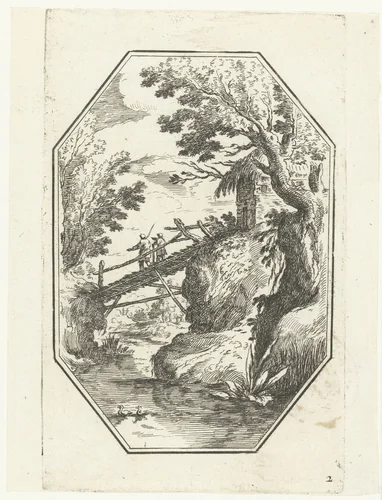 Landschap met houten bruggetje in octagonaal kader by anonymous, print, 1582-1700
