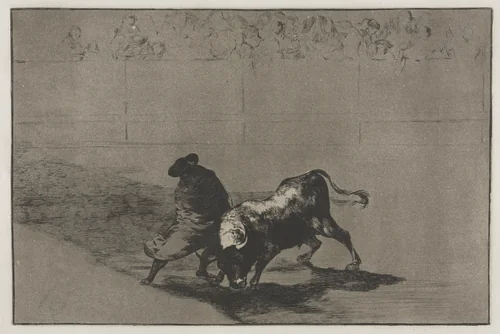 Bullfights: The Very Skilful Student of Falces, Wrapped in his Cape, Tricks the Bull with the Play of his Body by Francisco de Goya, print, 1816-1876