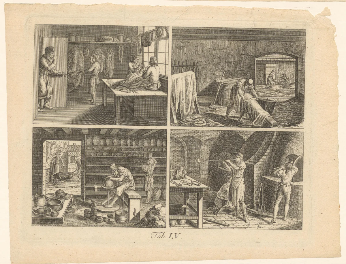 Vier voorstellingen van industriële werkzaamheden by Johann Conrad Krüger, print, 1774