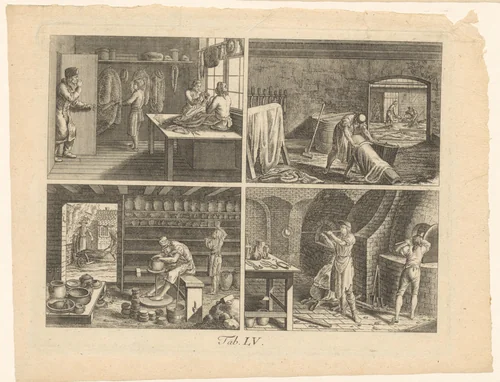 Vier voorstellingen van industriële werkzaamheden by Johann Conrad Krüger, print, 1774