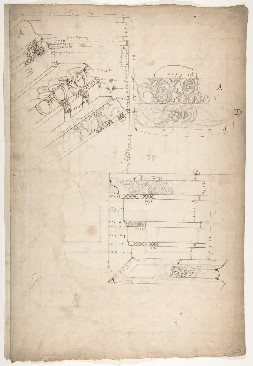 Unidentified, cornice, projection; architrave, projection (recto) Unidentified, ceiling, plan (verso) by anonymous, drawing, 1500-1560
