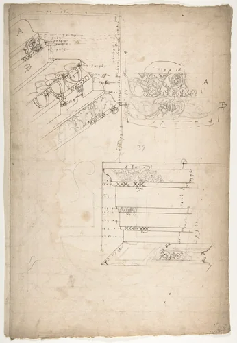 Unidentified, cornice, projection; architrave, projection (recto) Unidentified, ceiling, plan (verso) by anonymous, drawing, 1500-1560