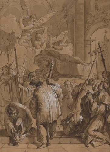 Funeral Procession of a Saint with Angels by Francesco Fontebasso, drawing, 1700-1799