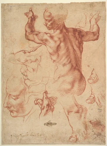 Studies for the Libyan Sibyl (recto); Studies for the Libyan Sibyl and a small Sketch for a Seated Figure (verso) by Michelangelo Buonarroti, drawing, 1511
