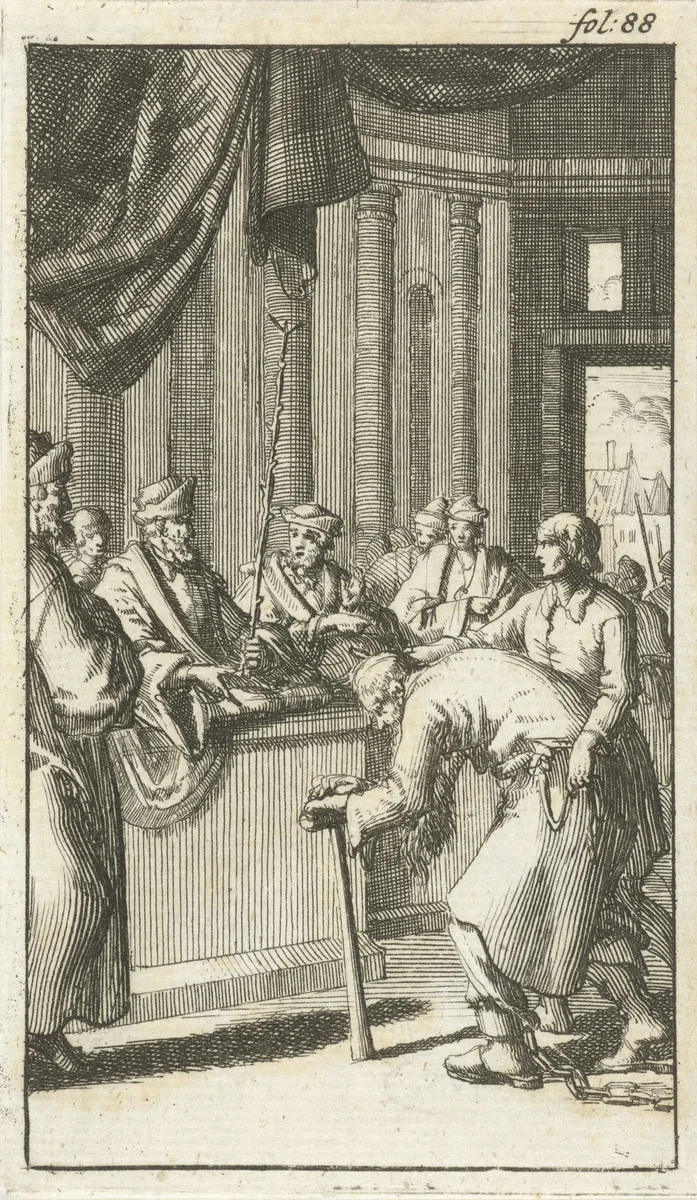 Geketende oude man verschijnt voor de rechter by Jan Luyken, print, 1687