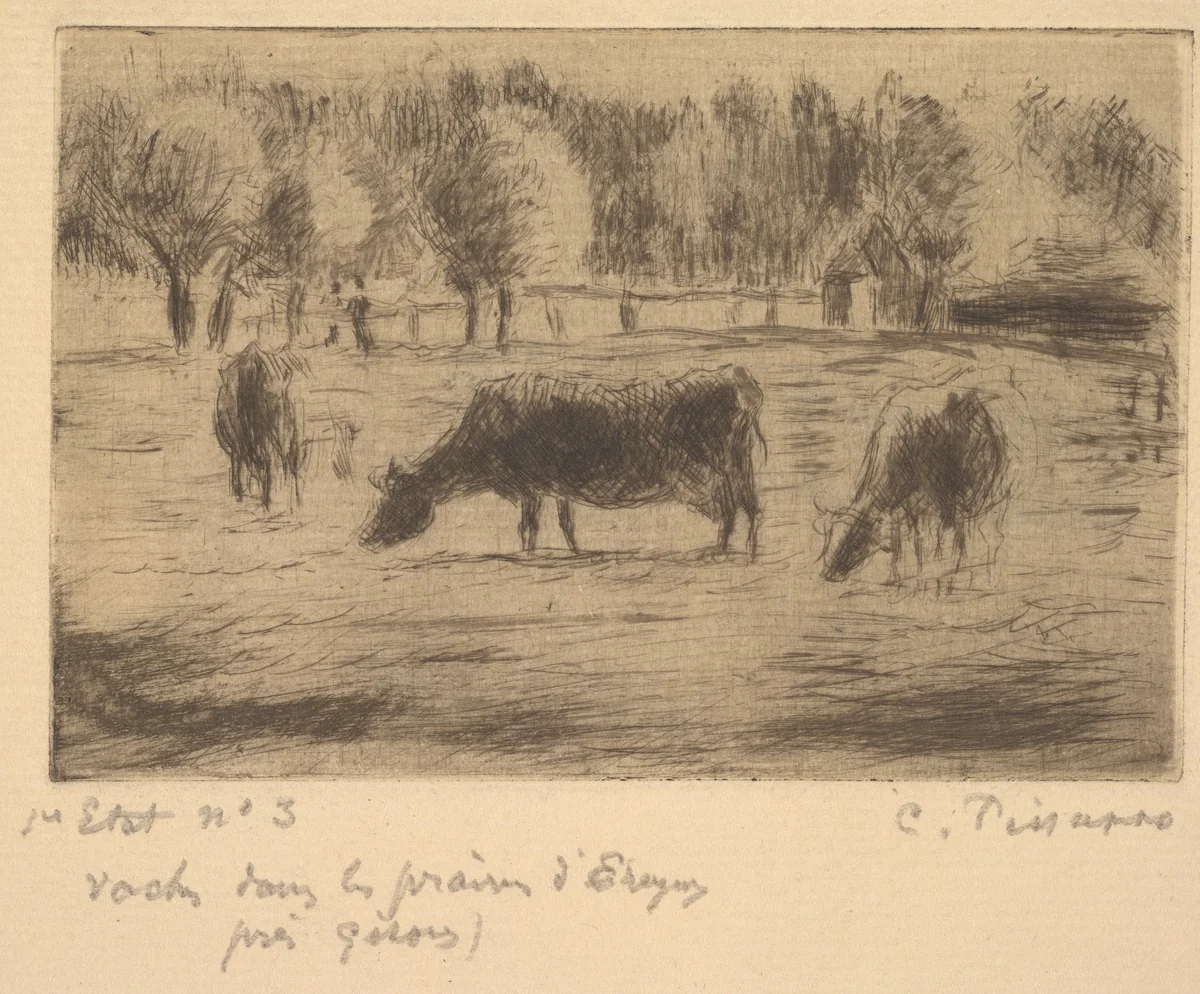 Cows in the Fields of Éragny, near Gisors by Camille Pissarro, print, 1888