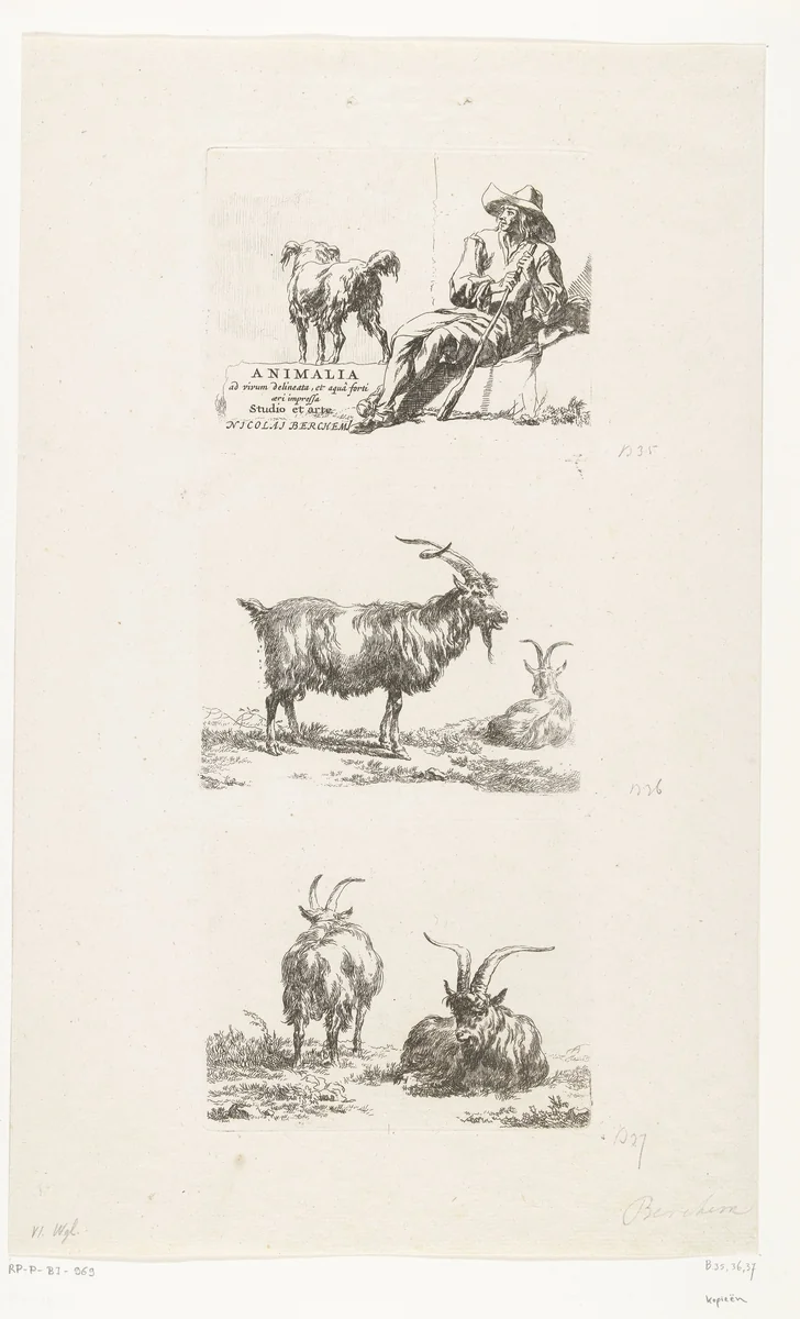Zittende herder met zijn hond en geiten by anonymous, print, 1648-1733
