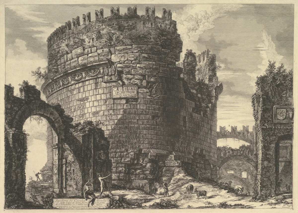 The tomb of Caecilia Metella, from Vedute di Roma (Roman Views) by Giovanni Battista Piranesi, print, 1757-1767