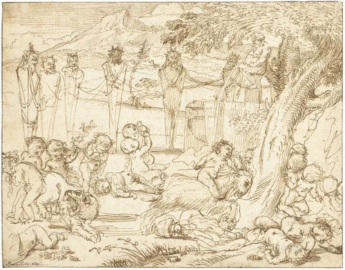 Bacchanaal van putti by Pietro Testa, drawing, 1640