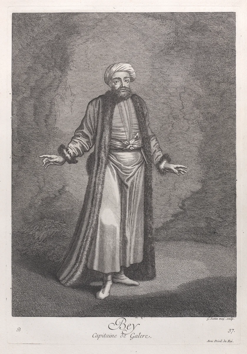 Bey, Capitaine de Galere, plate 37 from "Recueil de cent estampes représentent differentes nations du Levant" by Jean Baptiste Vanmour, print, 1714-1715