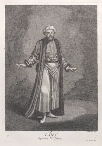 Bey, Capitaine de Galere, plate 37 from "Recueil de cent estampes représentent differentes nations du Levant" by Jean Baptiste Vanmour, print, 1714-1715