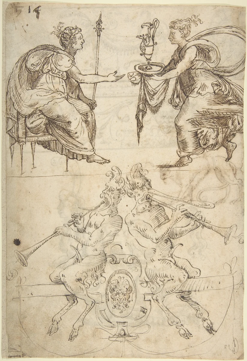 Sheet with multiple Designs: Figurative Scene with Two Women (top) and Two Satyrs Playing Horns, Seated Back to Back (bottom) (recto); Three Candelabra Grotesques (verso) by Andrés de Melgar, drawing, 1540-1550