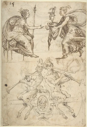 Sheet with multiple Designs: Figurative Scene with Two Women (top) and Two Satyrs Playing Horns, Seated Back to Back (bottom) (recto); Three Candelabra Grotesques (verso) by Andrés de Melgar, drawing, 1540-1550