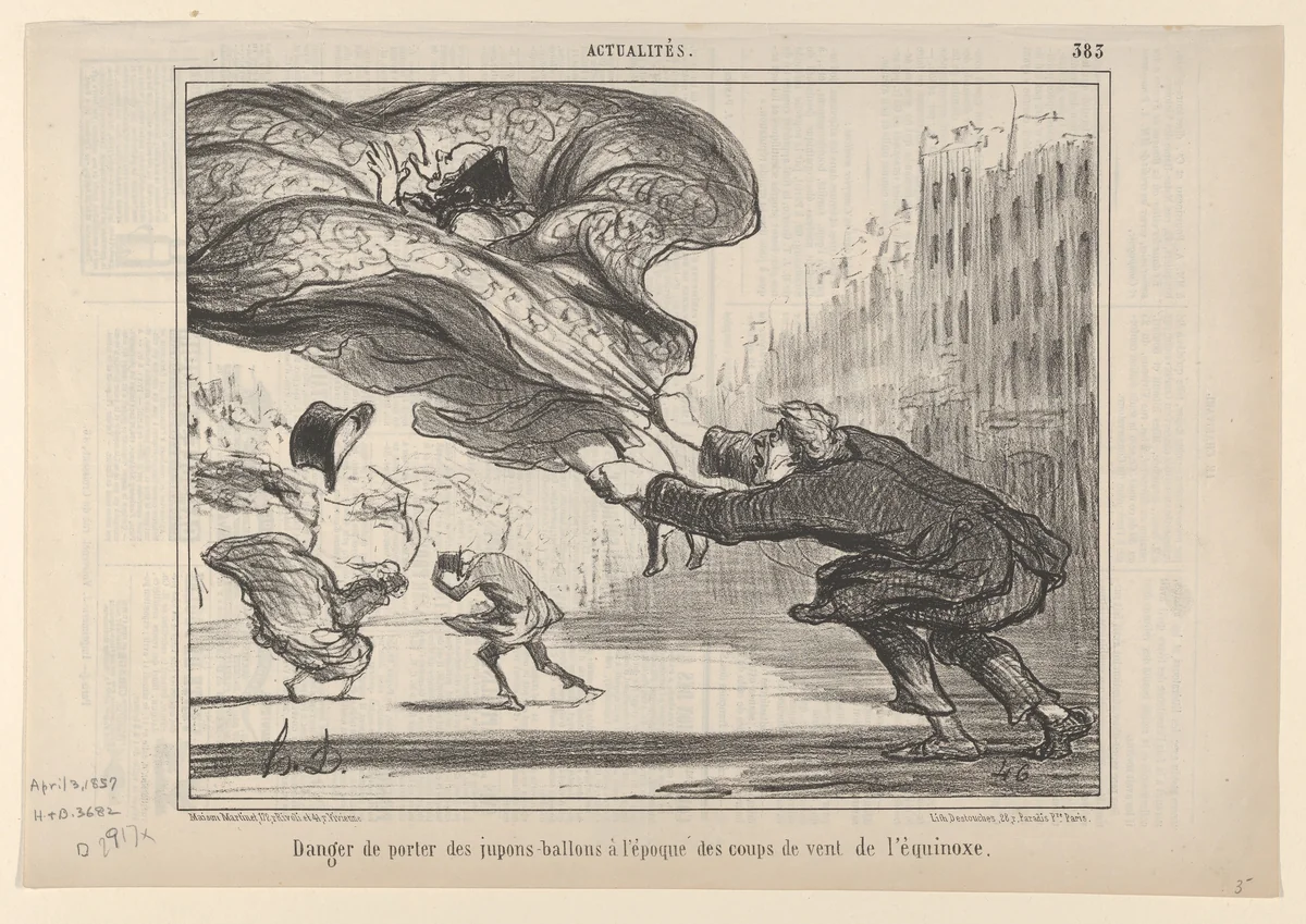 Danger de Porter des Jupes-Ballons, Plate 26 of La Crinolomanie, published in le Charivari, April 3, 1857 by Honoré Daumier, print, 1857