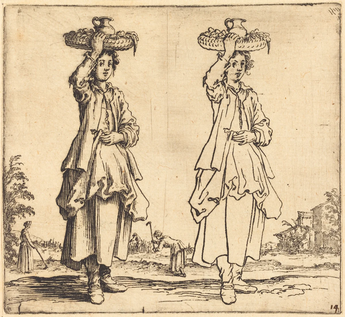 Peasant Woman with Basket on Head, Front View by Jacques Callot, print, 1621-1624