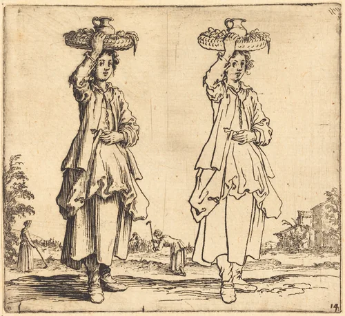 Peasant Woman with Basket on Head, Front View by Jacques Callot, print, 1621-1624