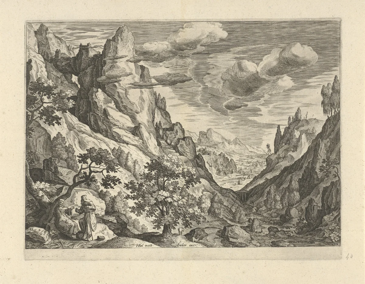 Landschap met de verzoeking van Christus in de woestijn by Johann Sadeler, print, 1580-1600