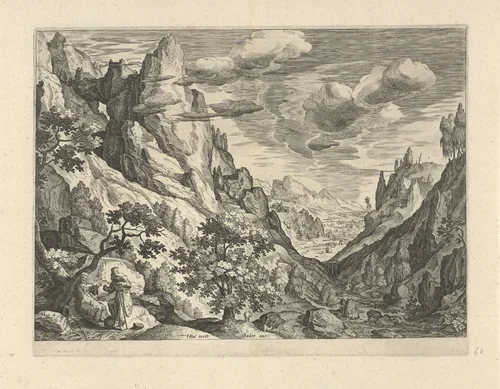 Landschap met de verzoeking van Christus in de woestijn by Johann Sadeler, print, 1580-1600