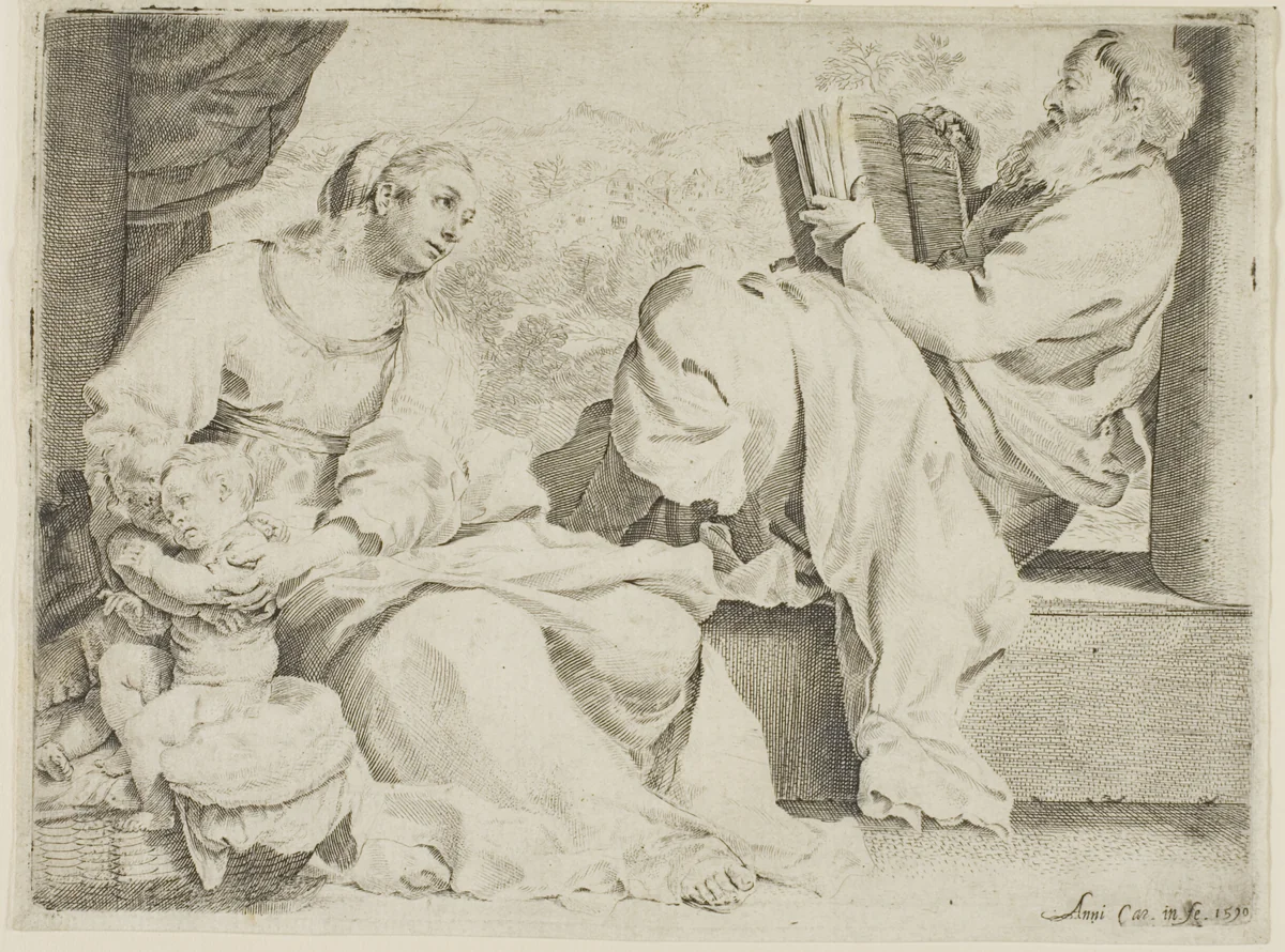 The Holy Family with Saint John the Baptist by Annibale Carracci, print, 1590