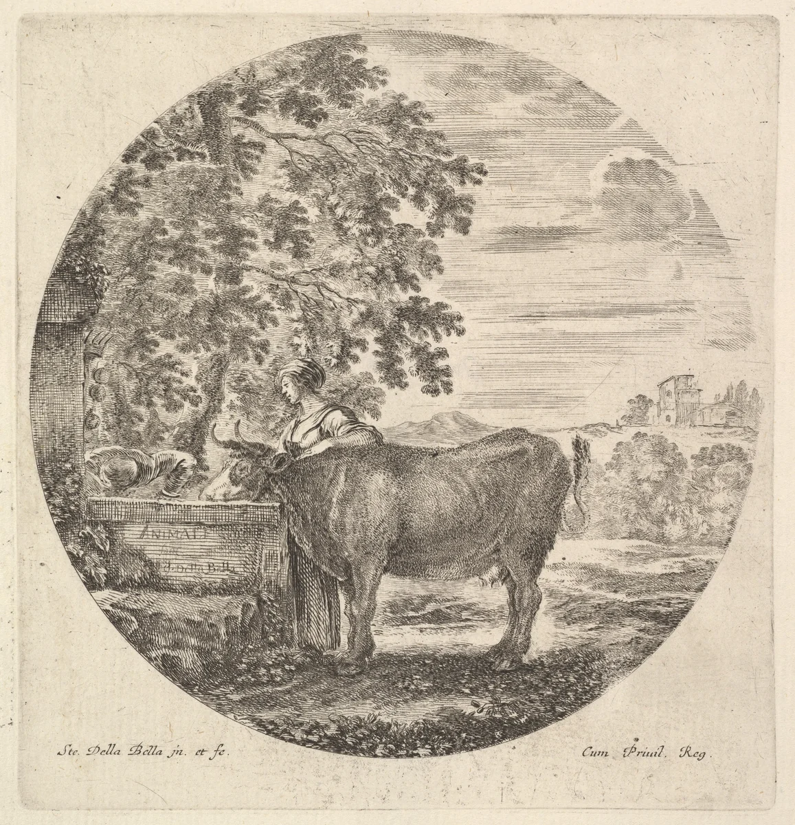 A cow in center drinking from a fountain adorned with the Medici coat of arms at left, accompanied by a shepherd standing behind, from "Six Animal Subjects" (Six Sujets d'Animaux) by Stefano della Bella, print, 1643-1648