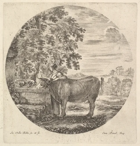 A cow in center drinking from a fountain adorned with the Medici coat of arms at left, accompanied by a shepherd standing behind, from "Six Animal Subjects" (Six Sujets d'Animaux) by Stefano della Bella, print, 1643-1648