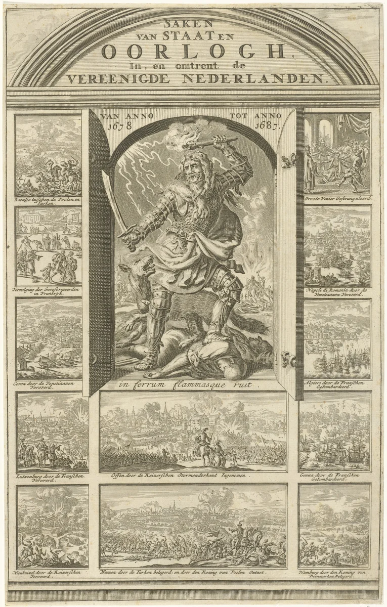 Oorlog gewapend met fakkel en zwaard by Jan Luyken, print, 1688