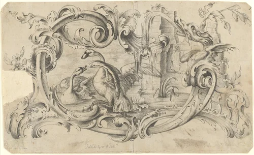 Design for a Tablet for a Chimney-Piece with Two Swans in Combat, Enclosed within a Scrolling Cartouche with a Water-Spouting Dragon's Head by Thomas Johnson, print, 1762