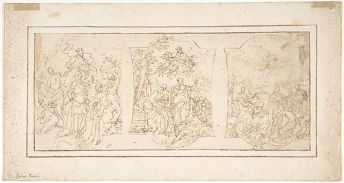 Drawing for Ceiling Decoration Consisting of Three Panels Each Showing a Different Scene with Figures by Ciro Ferri, drawing, 1634-1689