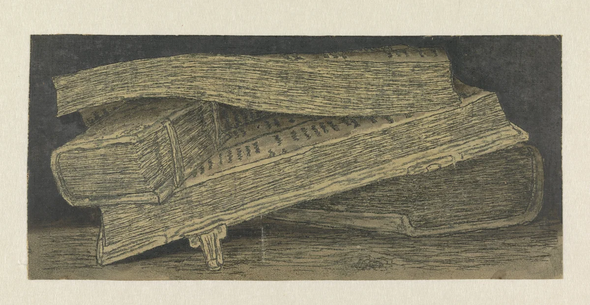 Still Life with Books by Hercules Segers, print, 1618-1622