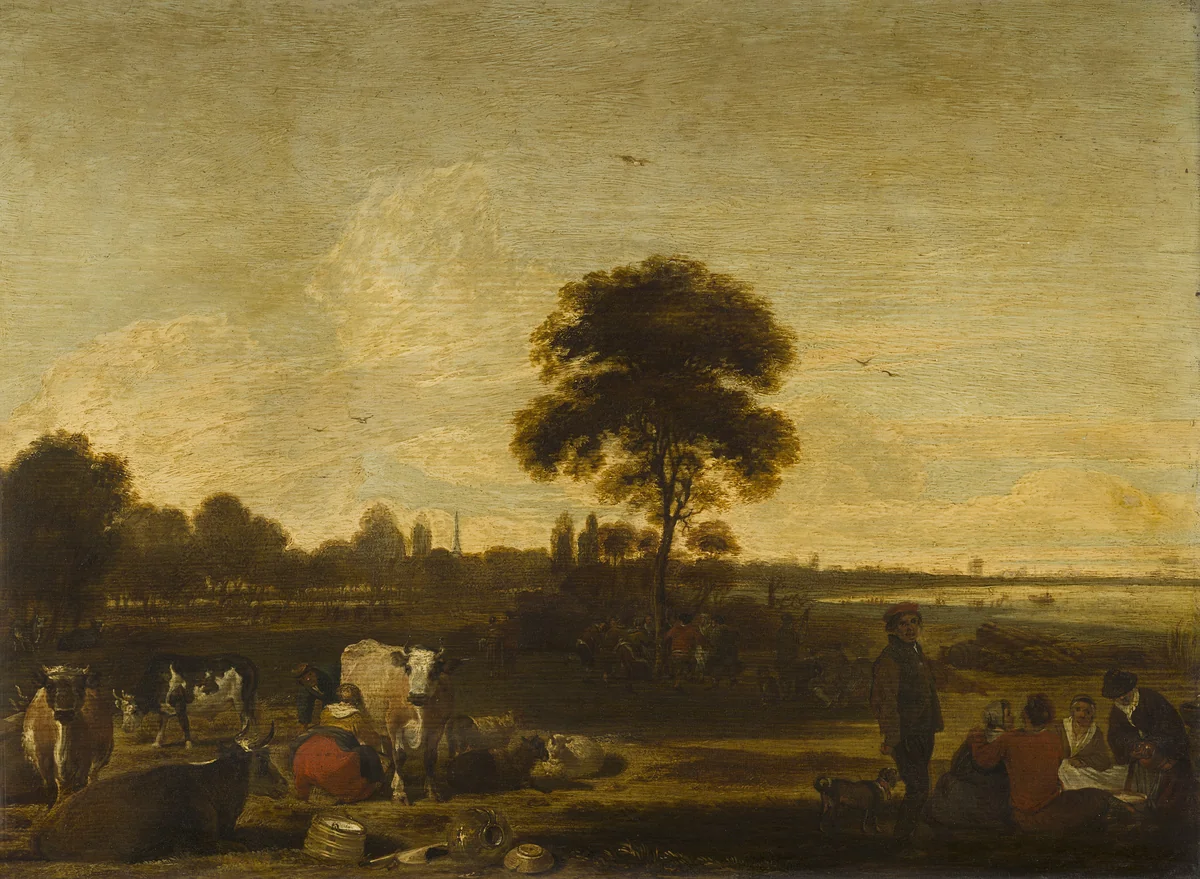 Landscape with Herdsmen and Cattle by Cornelis Saftleven, painting, 1660