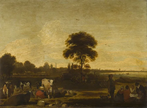 Landscape with Herdsmen and Cattle by Cornelis Saftleven, painting, 1660