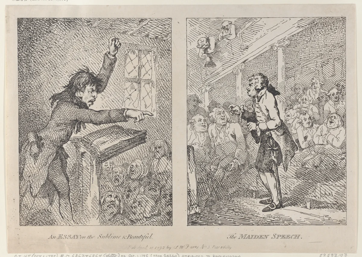 An Essay on the Sublime & Beautiful; The Maiden Speech by Thomas Rowlandson, print, 1785-1792